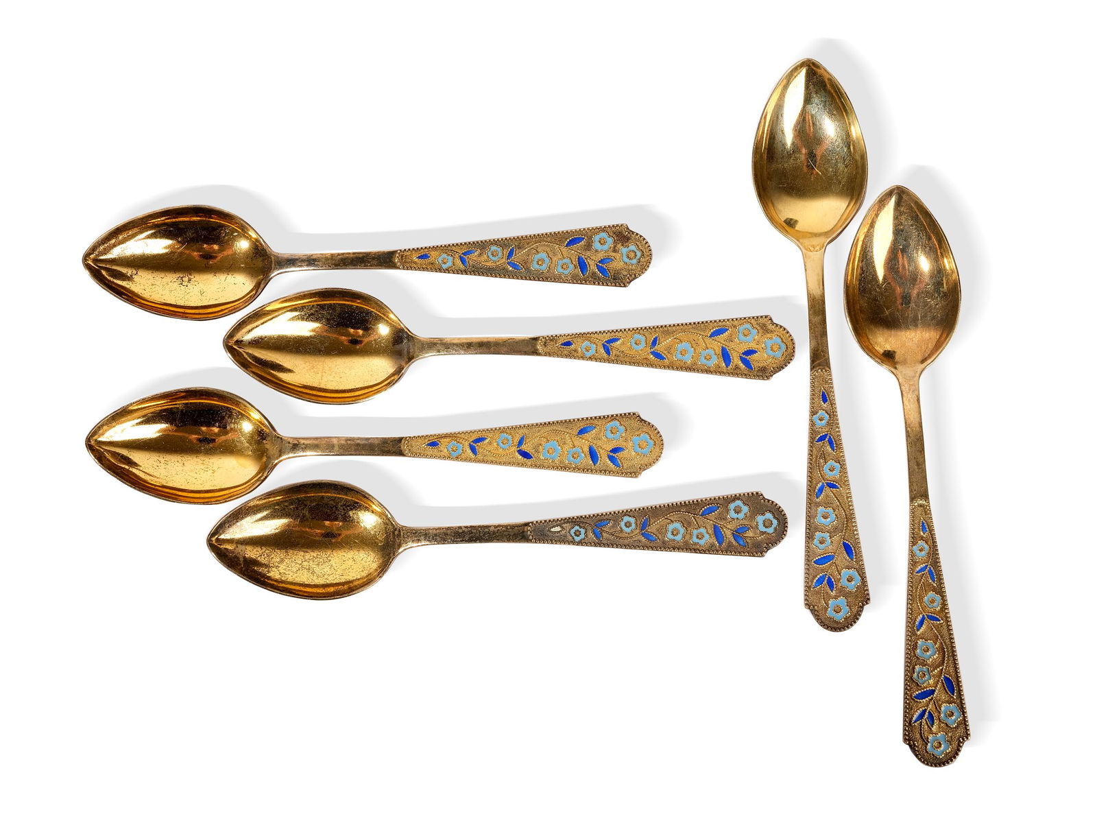 Six silver spoons decorated with enamel,  Ca. 1900,  Marked (1 of 3)