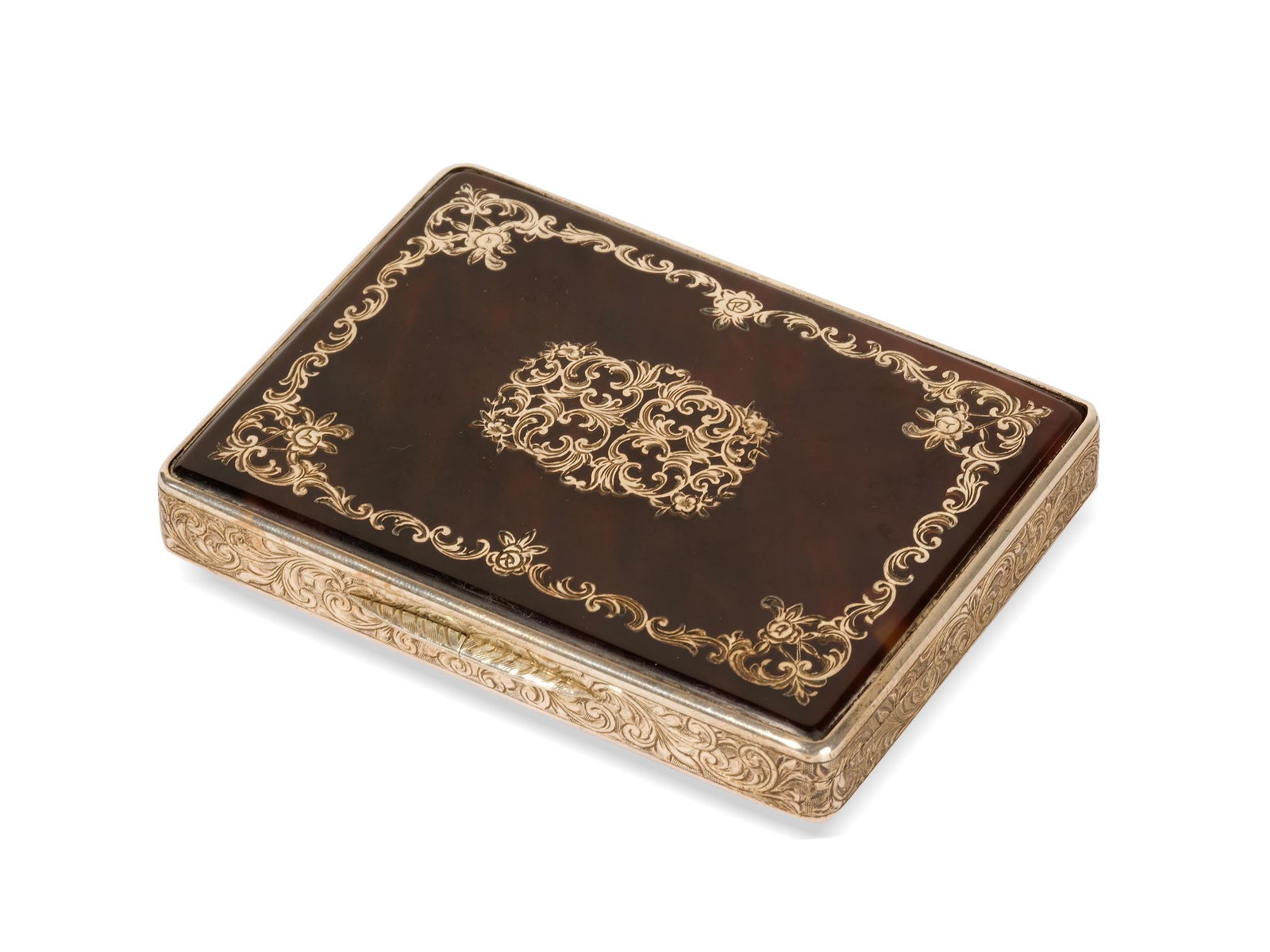 Tortoise shell box with silver mount,  Ornamental inlaid with silver,  Ca. 1920 (1 of 4)