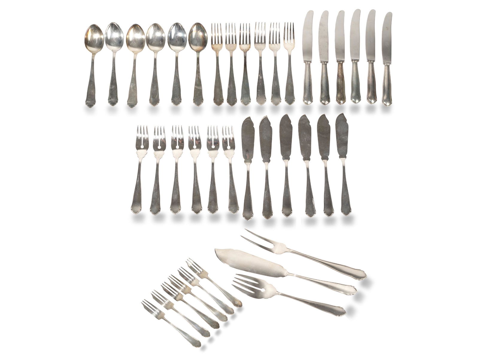 Elegant silver cutlery for 6 people,  Ca. 1925/30,  39 parts (1 of 4)