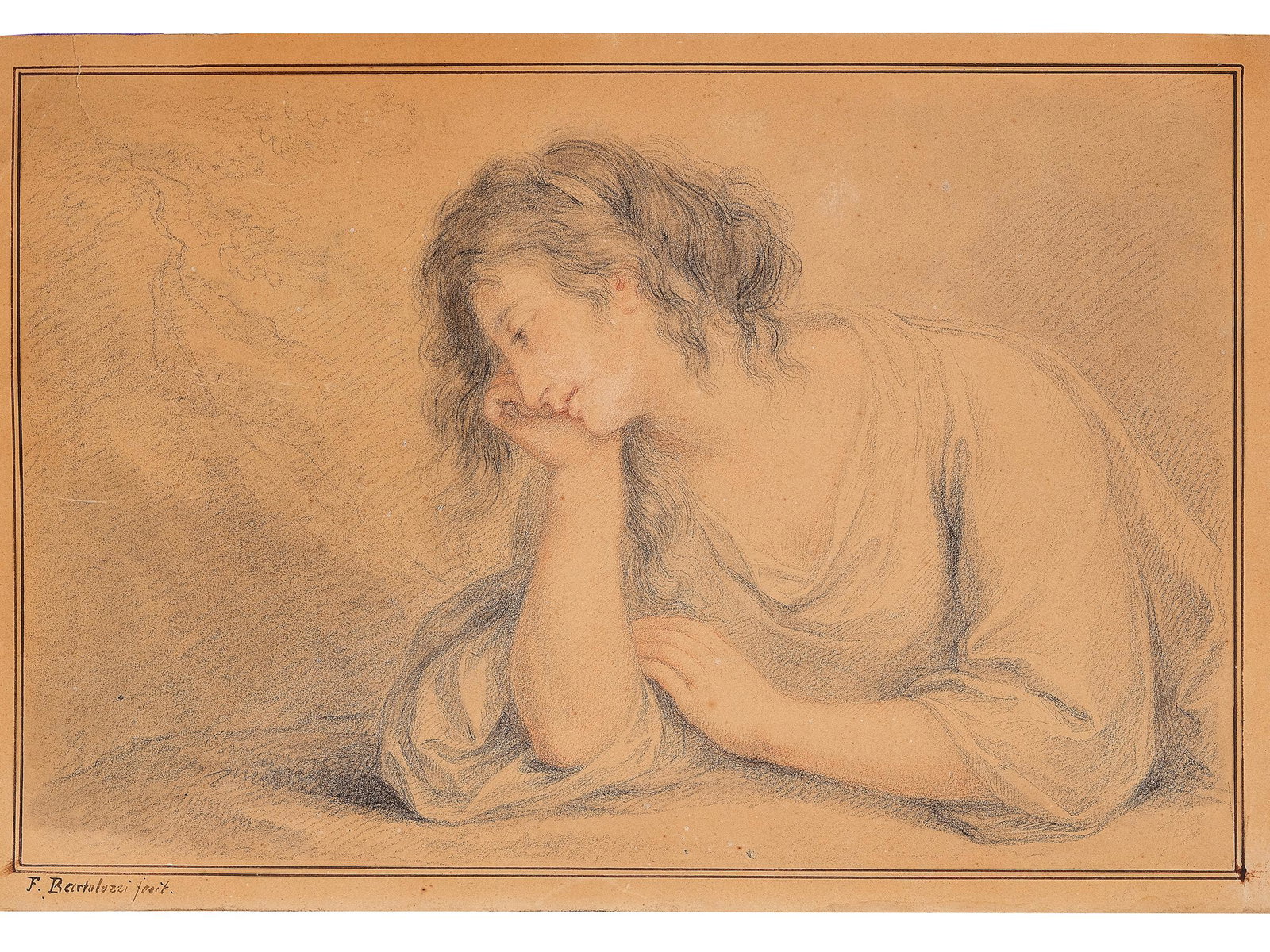 Francesco Bartolozzi, Florence 1728 - 1815 Lisbon, attributed, Daydream: Francesco BartolozziFlorence 1728 - 1815 Lisbon, attributed"Daydream"Colored pencil drawing on paper20 x 30 cmSigned b.l.Damage/crack approx. 4 cm t.l.