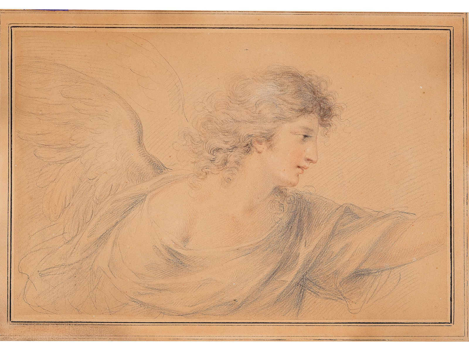 Francesco Bartolozzi, Florence 1728 - 1815 Lisbon, attributed, Angel: Francesco BartolozziFlorence 1728 - 1815 Lisbon, attributed"Annunciation angel"Colored pencil drawing on paperRepresentation size 27,5 x 20 cm
