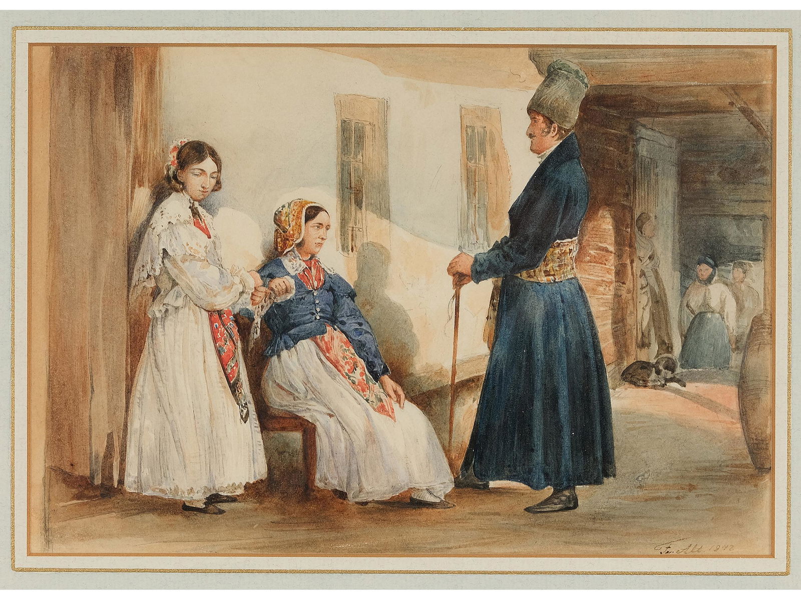 Franz Alt, Vienna 1821 - 1913 Vienna, Bridal advertising: Franz Alt Vienna 1821 - 1913 Vienna Bridal advertising Watercolor on paper 14 x 20,5 cm, with frame 40 x 45 cm Signed & dated 1842 l.r.