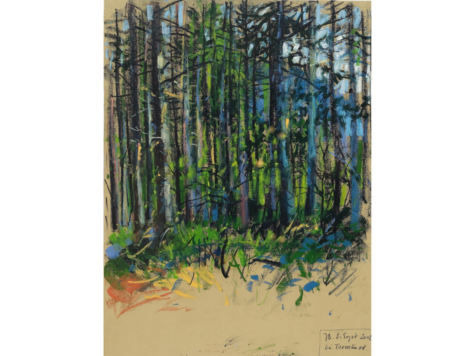 Josef Bramer, born Vienna 1948, Forest near Tormaeuer: Josef Bramer born Vienna 1948 Forest near Tormaeuer 2002 Oil pastel on paper 63 x 48 cm, with frame 86 x 66 cm Titled "JB 8. Sept. 2022 by Tormaeuer" l.r. Label on reverse: NOe Landesausstellung im Mi
