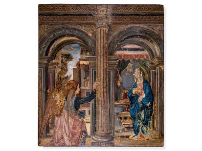 Francesco del Cossa, Ferrara ca. 1435 - 1477 Bologna, School: Francesco del CossaFerrara ca. 1435 - 1477 BolognaSchoolAnnunciationEnd of the 15./beginning of the 16. centuryOil/tempera on poplar wood48.3 x 43 cmThis exceptional painting depicting the Annunciatio