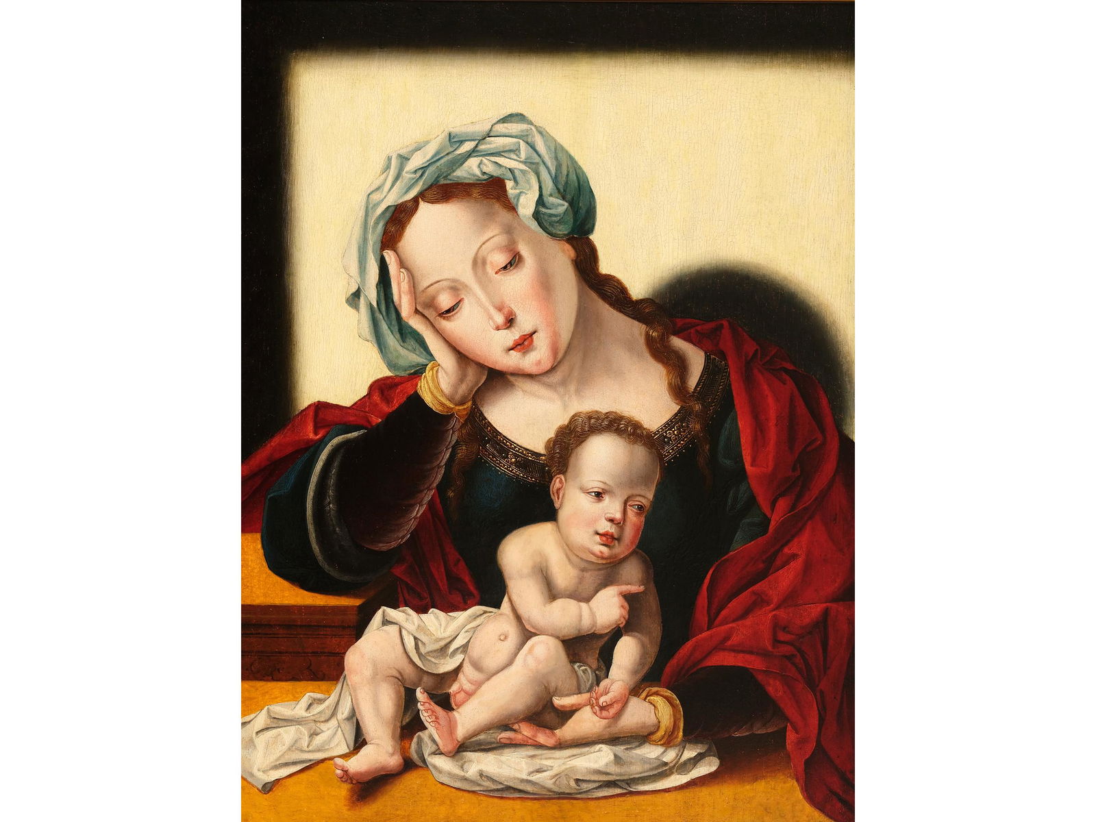 Jan Gossaert, called Mabuse, Antwerp 1478 - 1532 Antwerp, Circle of, Flemish: Jan Gossaert, called MabuseAntwerp 1478 - 1532 Antwerp, Circle ofFlemish1. half of the 16. centuryOil on oak panel57 x 42 cm, with frame 68 x 54,5 cmThis museum-quality painting shows the mother of Go