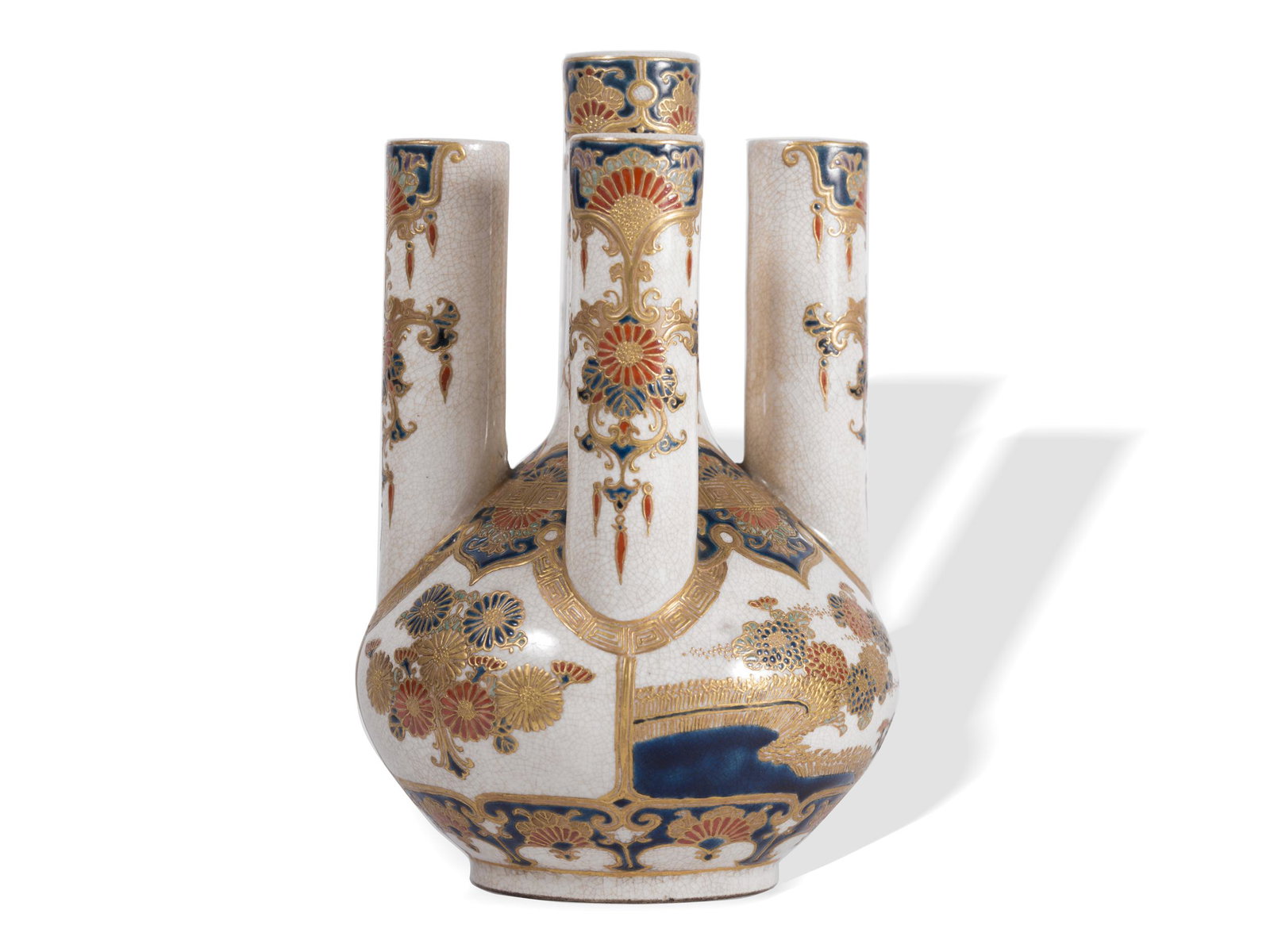 Satsuma vase, Japan, Meiji period, 1867-1911: Satsuma vase Japan Meiji period, 1867-1911 Ivory stoneware vase for four flowers Blue and red gold set painting Peonies, plum blossoms and chrysanthemums Ornaments with chrysanthemums Height 15,5 cm A