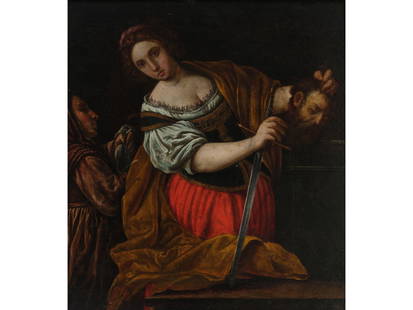 Alessandro Turchi, Verona 1578 - 1649 Rome, Circle of, Judith with the head of Holofernes: Alessandro TurchiVerona 1578 - 1649 Rome, Circle ofJudith with the head of Holofernes17th centuryOil on wood panel32 x 29,5 cm, with frame 41,5 x 38,5 cm