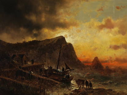 Oswald Achenbach, Duesseldorf 1827 - 1905 Duesseldorf, Circle of, Evening coastal landscape: Oswald AchenbachDuesseldorf 1827 - 1905 Duesseldorf, Circle ofEvening coastal landscape Oil on canvas 90 x 127 cm, with frame 128 x 167 cm