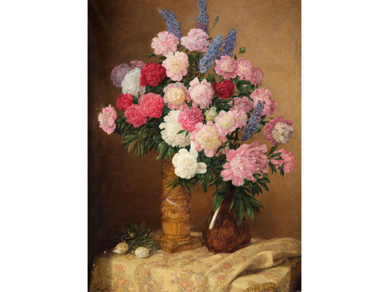 Marcel Kammerer, Vienna 1878 - 1959 Montreal, Large flower still life: Marcel KammererVienna 1878 - 1959 MontrealLarge flower still lifeOil on canvas 137 x 100 cm, with frame 153 x 117 cmSigned & dated 1943 b.l.