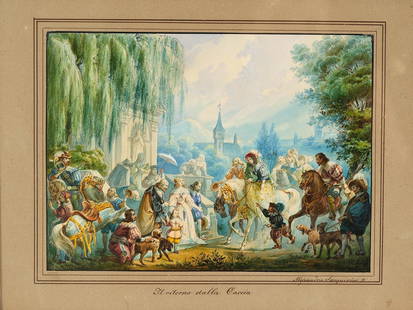 Alessandro Sanquirico, Milan 1777 - 1849 Milan, Attributed, Il ritorna dalla Caccia: Alessandro SanquiricoMilan 1777 - 1849 Milan, AttributedIl ritorna dalla CacciaWatercolour on paper18.5 x 25.5 cm, with frame 36.5 x 45 cmInscribed b.r.