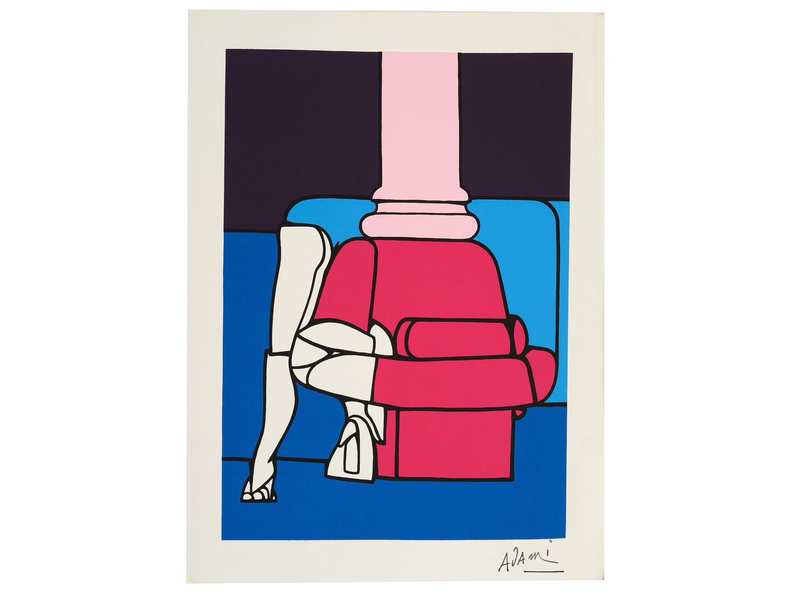 Valerio Adami, Bologna, born 1935, Beauty salon: Valerio AdamiBologna, born 1935 Beauty salonSerigraph in 6 coloursPrinted in MilanSheet 64,.5 x 50 cmSigned b.r.Watermark b.l.Label on the back: No. 2142/3000