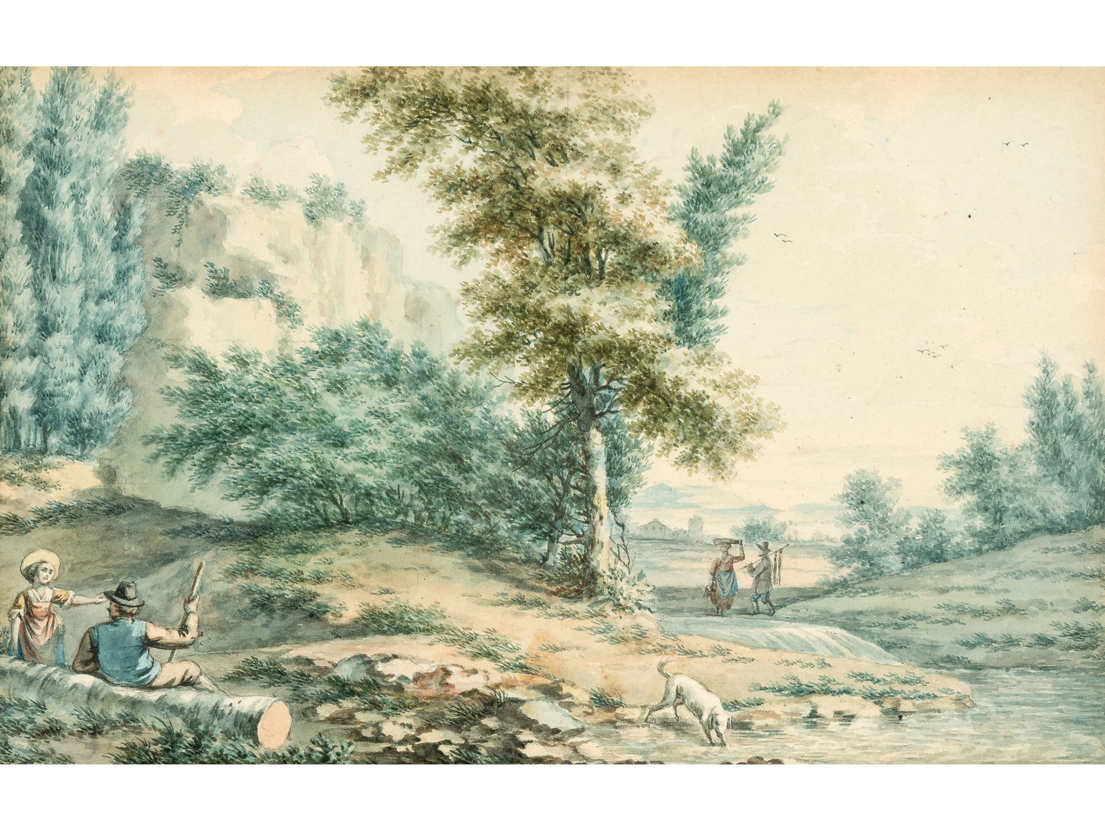 Isaac de Moucheron, Amsterdam 1667 - 1744 Amsterdam, attributed, Pastoral landscape: Isaac de MoucheronAmsterdam 1667 - 1744 Amsterdam, attributedPastoral landscape Watercolour on paper16 x 24.5 cm, with frame 34 x 41 cm