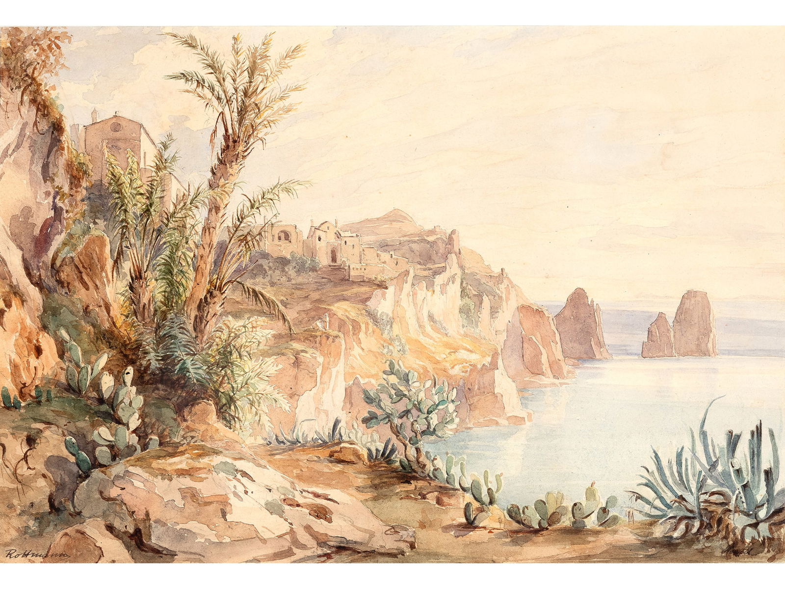 Carl Rottmann, Handschuhsheim 1797 - 1850 Munich, attributed, Southern Landscape: Carl RottmannHandschuhsheim 1797 - 1850 Munich, attributedSouthern LandscapeWatercolour on paper21 x 30 cm, with frame 37.5 x 46 cmSigned b.l.