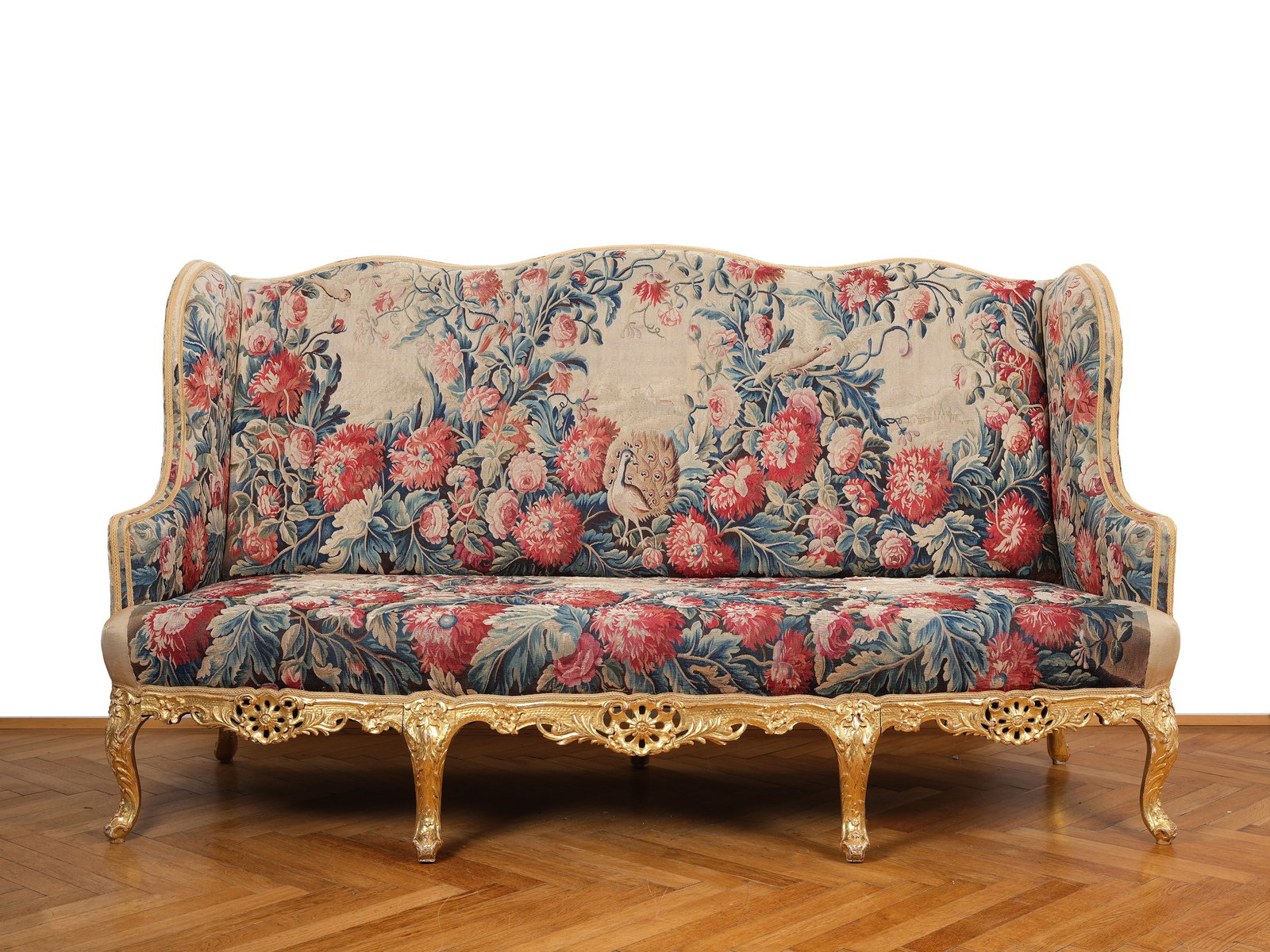 Courtly bench, Berlin, Mid-18th century: Courtly bench Berlin Mid-18th century Hardwood carved & gilded Gilding & tapestry cover later Length 210 cm, height 120 cm, depth 76 cm Provenance: Berlin Palace (according to the previous owner)