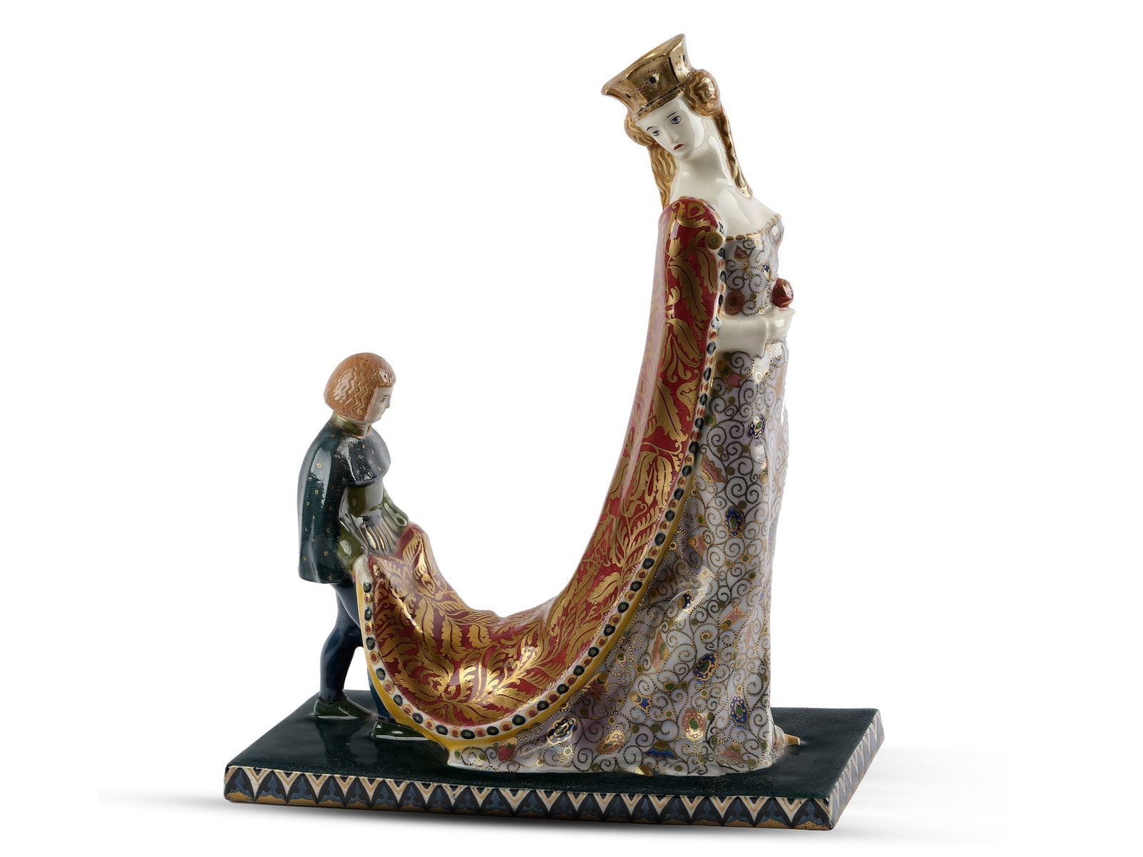 Karl Klaus, Vienna 1889 - after 1925 Vienna, Queen with drag carrier: Karl KlausVienna 1889 - after 1925 ViennaQueen with drag carrierErnst Wahliss, Turn-WIen ca. 1910Serapis faience, light colored body, colorfully painted, glazed & partly gold decoratedHeight 25 cm, le