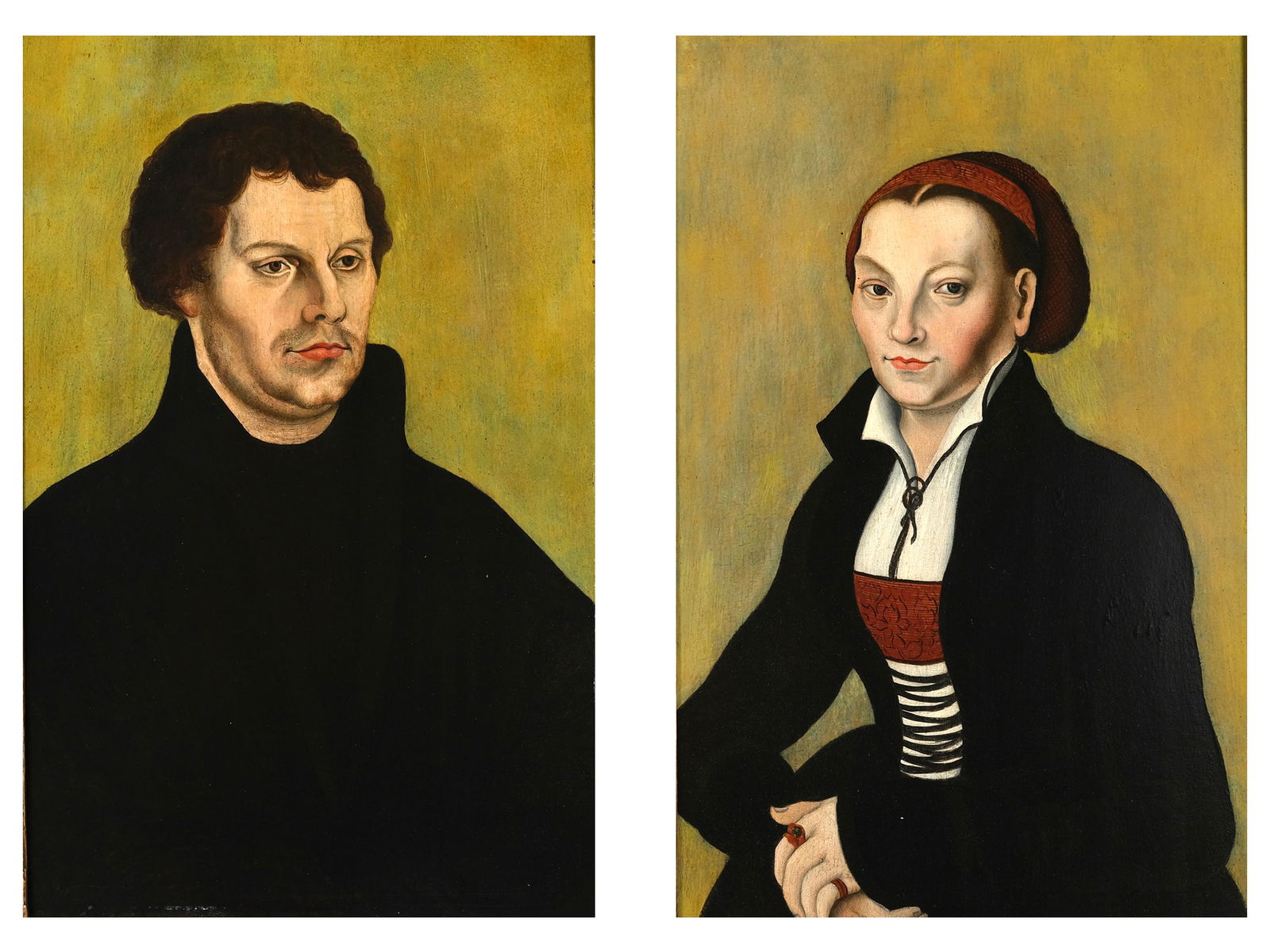 Lucas Cranach the Elder, Kronach 1472 - 1553 Weimar, circle of, Portraits of Martin Luther and: Lucas Cranach the ElderKronach 1472 - 1553 Weimar, circle ofPortraits of Martin Luther and Katharina of Bora16th centuryOil on oakEach 40.5 x 26.5 cm, with frame 50.8 x 36.9 cmThis representative doub