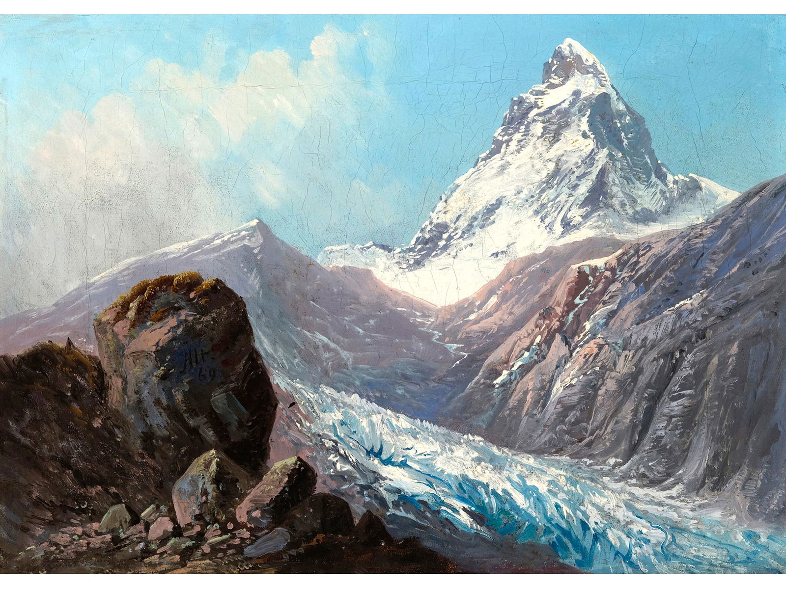 Franz Alt, Vienna 1821 - 1914 Vienna, attributed, The Matterhorn: Franz AltVienna 1821 - 1914 Vienna, attributedThe MatterhornOil on canvas, relined25.5 x 34.5 cm, with frame 33 x 43 cmSigned and dated (18)69 lower left in the rock