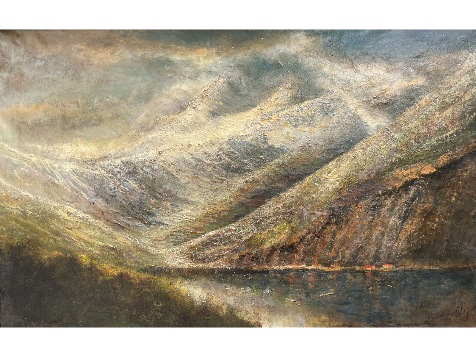 Laszlo Baro Mednyanszky, Bezkow 1852 - 1919 Vienna, Mountain lake: Laszlo Baro MednyanszkyBezkow 1852 - 1919 ViennaMountain lakeOil on canvas64 x 100 cm, with frame 80 x 118 cmSigned lower right