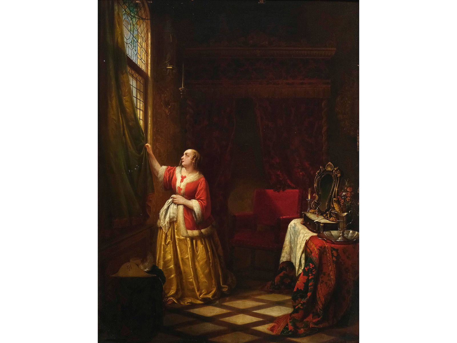 Albertus Verhoesen, Utrecht 1806 - 1881 Utrecht, Lady at the Window: Albertus Verhoesen Utrecht 1806 - 1881 Utrecht Lady at the Window Oil on mahogany panel 53 x 43 cm, with frame 84 x 73 cm Signed and dated 1847 lower right Original frame