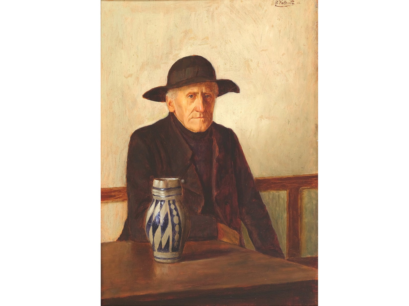 Ludwig Valenta, Vienna 1882 - 1943 Vienna, Farmer with beer mug: Ludwig Valenta Vienna 1882 - 1943 Vienna Farmer with beer mug Oil on wood 28 x 20 cm, with frame 39 x 30 cm Signed top right