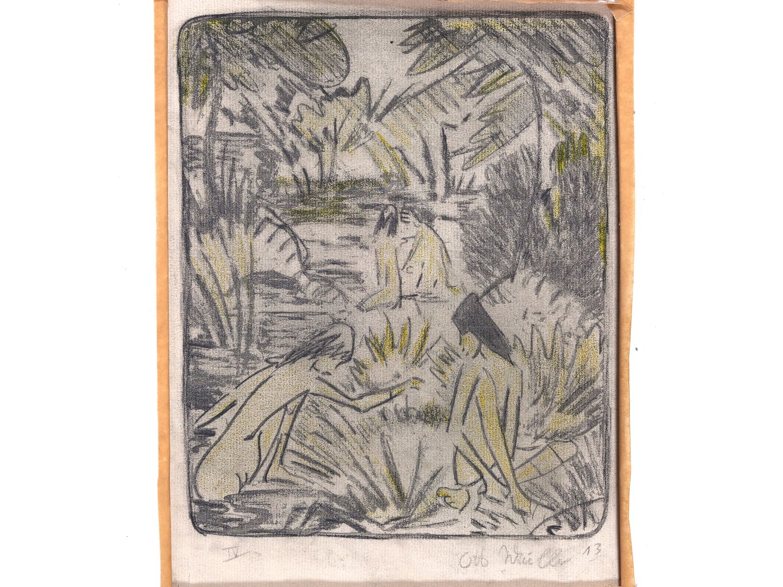 Otto Mueller, Liebau 1874 - 1930 Obernigk, attributed, Bathers: Otto MuellerLiebau 1874 - 1930 Obernigk, attributedBathers Coloured pencil drawing on paper Motif 20.2 x 17 cm, sheet 25.5 x 19.5 cm Signed and dated (19)13 lower right Numbered IV lower left