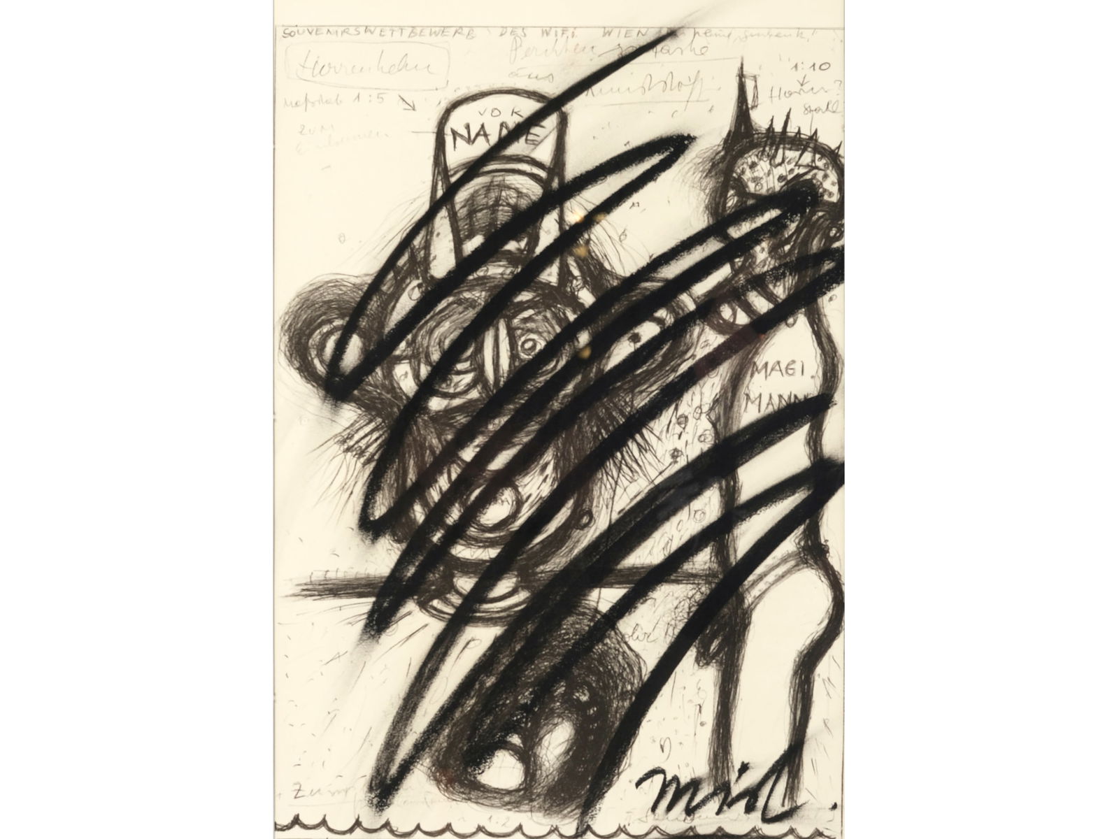 Josef Mikl *, Vienna 1929 - 2008 Vienna, Untitled: Josef MiklVienna 1929 - 2008 ViennaUntitled Overpainting of chalk drawing on paper 44.5 x 30 cm, with frame 79.5 x 51 cm Signed lower right