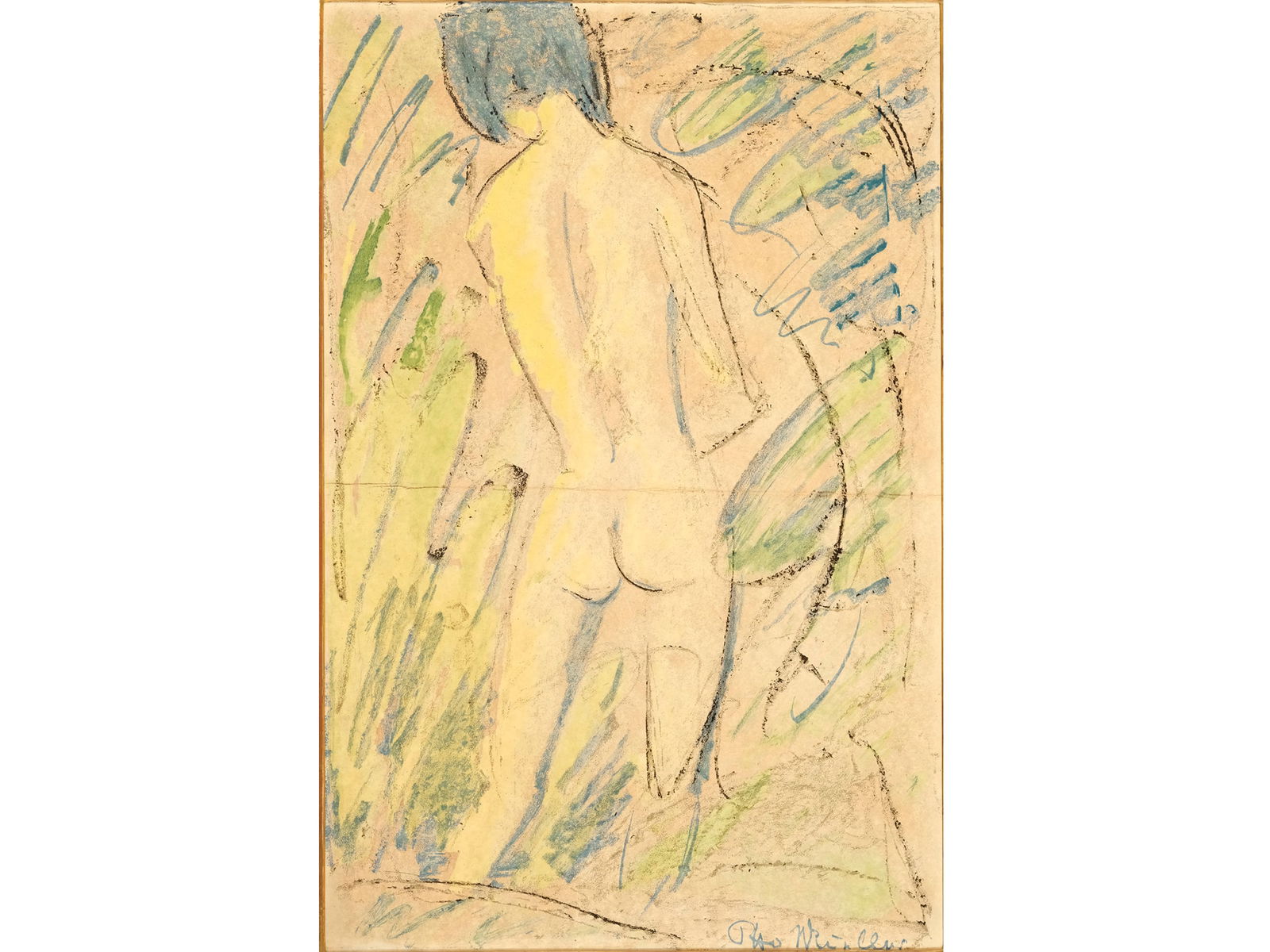 Otto Mueller, Liebau 1874 - 1930 Obernigk, Bathing woman: Otto MuellerLiebau 1874 - 1930 ObernigkBathing woman Lithograph on paper on cardboard 50 x 35 cm, with frame 59 x 43 cm Signed lower right