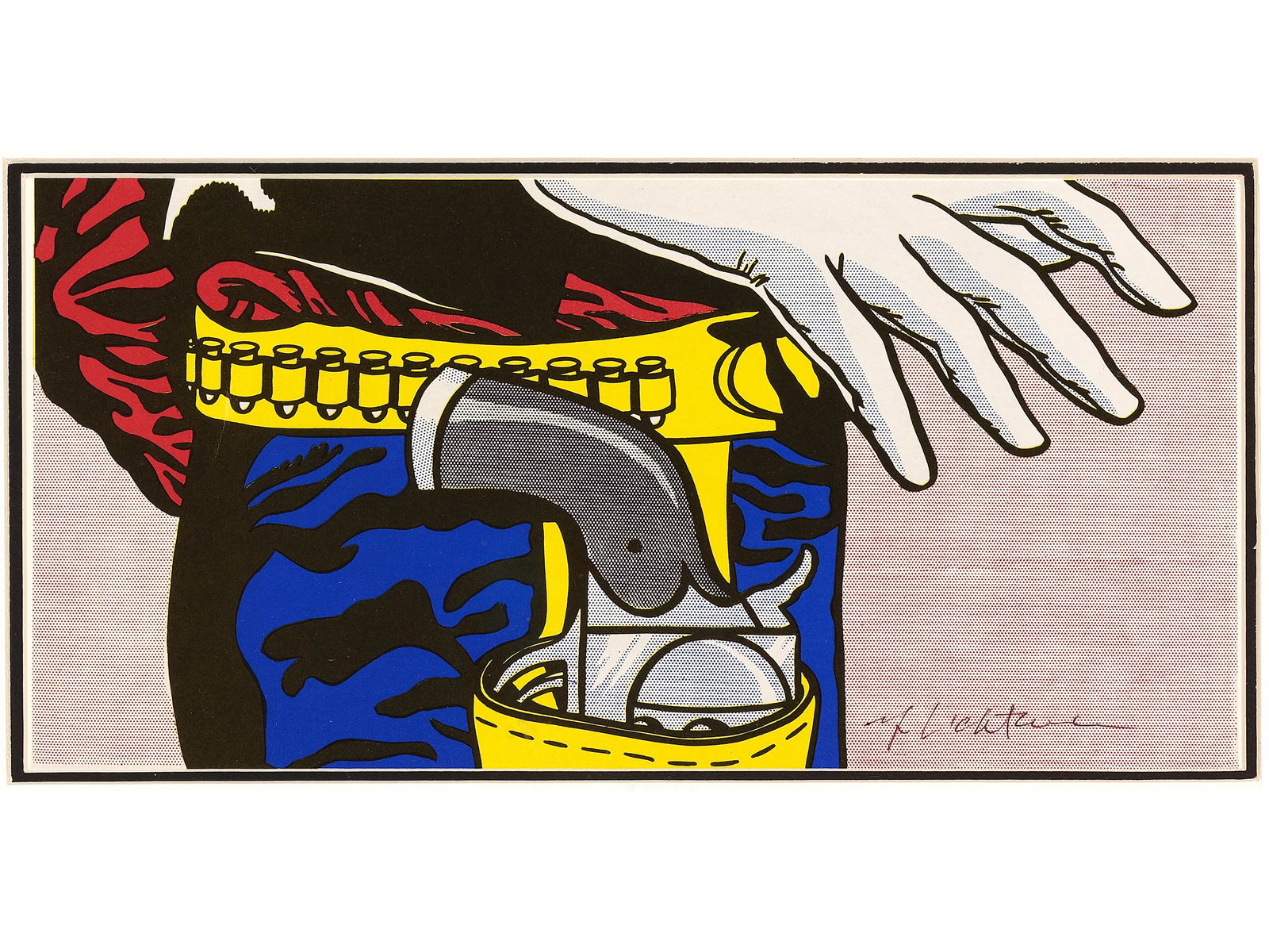 Roy Lichtenstein, Manhattan 1923 - 1997 Manhattan, attributed, Fastest Gun: Roy LichtensteinManhattan 1923 - 1997 Manhattan, attributedFastest Gun Lithograph 15 x 28.5 cm, with frame 45 x 45 cm Hand-signed lower right
