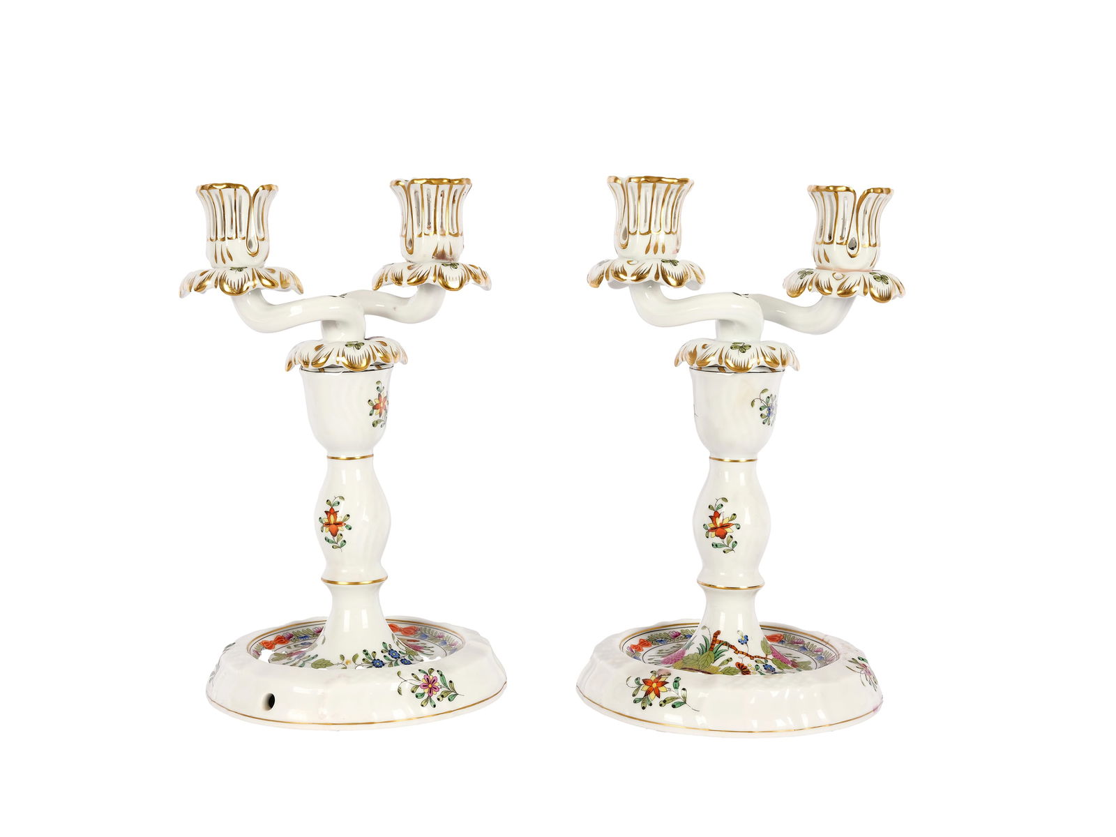 Pair of candlesticks with two-light attachment, Herend, Fleurs des Indes/Indian Basket Multicolour: Pair of candlesticks With two-light attachment Herend Fleurs des Indes/Indian Basket Multicolour Porcelain colourfully painted and gold-plated Height 22.5 cm, diameter 13.5 cm