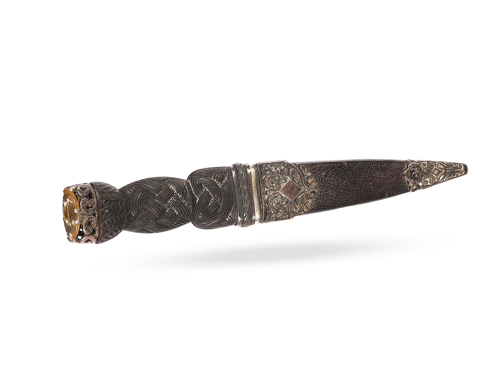 Knife, 18th century: Knife 18th century With silver mountings Wooden handle, leather shaft, citrine Total length 22 cm