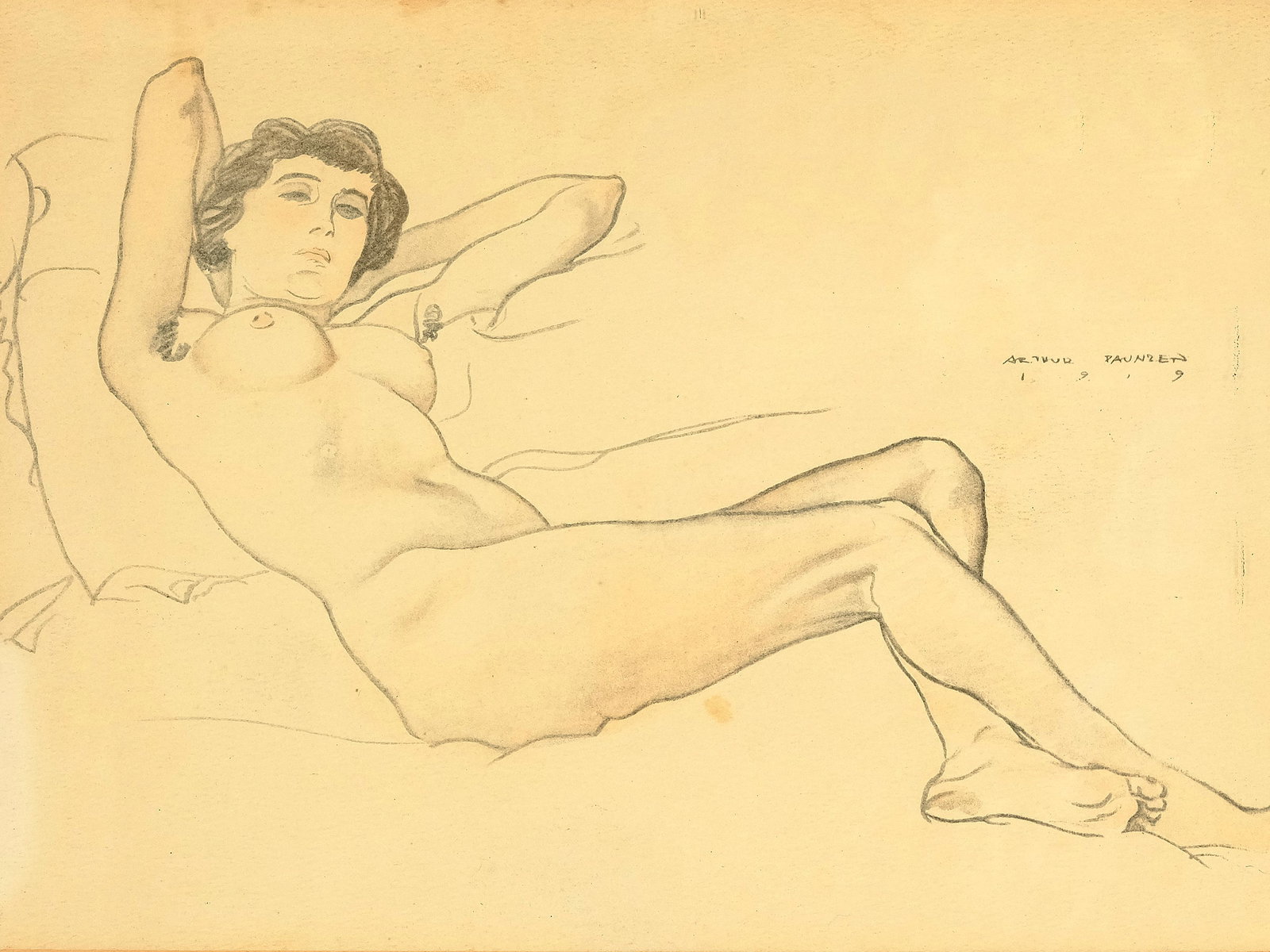 Arthur Paunzen, Vienna 1890 - 1940 Douglas, Reclining Nude: Arthur PaunzenVienna 1890 - 1940 Douglas Reclining nude Pencil drawing and coloured pencil on paper 23 x 33 cm, with frame 42 x 52 cm Signed and dated 1919 on the right