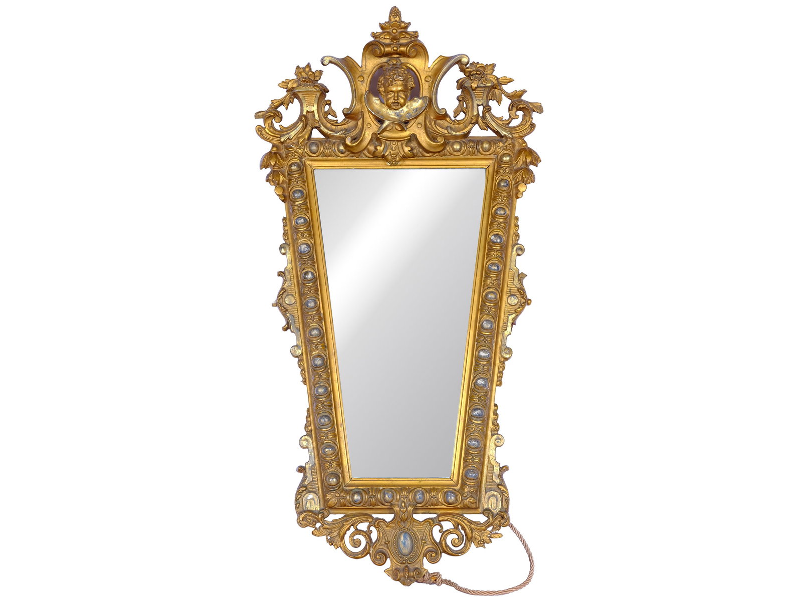 Mirror with finely carved frame and winged angel's head: Mirror with finely carved frame and winged angel's head Baroque frame around 1880 Wood carved and gilded Height 101 cm, width 52 cm