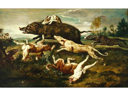 Frans Snyders, Antwerp 1579 - 1657 Antwerp, follower, Pig chase: Frans SnydersAntwerp 1579 - 1657 Antwerp, followerPig chaseOil on canvas50.5 x 82 cm, framed 66 x 96.5 cmMonogrammed on lower right Two holes in the canvas center right