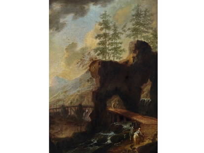 Marco Ricci, Belluno 1676 - 1730 Venice, circle of, Mountain landscape: Marco RicciBelluno 1676 - 1730 Venice, circle ofMountain landscapeMid 18th centuryOil on wood33 x 23 cm, framed 45 x 35 cm