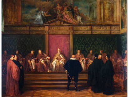 Joseph-Nicolas Robert-Fleury, Cologne 1797 - 1890 Paris, The Doge's Reception: Joseph-Nicolas Robert-FleuryCologne 1797 - 1890 Paris The Doge's ReceptionOil on wood69 x 85 cm, framed 86 x 102 cm, Signed and dated 1849 on lower left