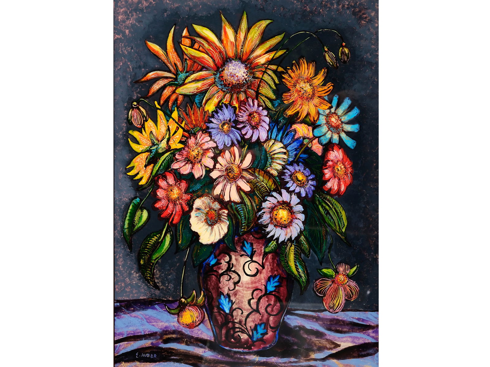 Ernst Huber, Reverse glass painting: Ernst HuberVienna 1895 - 1960 Vienna Still life of flowersReverse glass painting51 x 37 cm, framed 53.5 x 39.5 cmsigned on lower left10 cm tear in the painting upper left, glass undamaged
