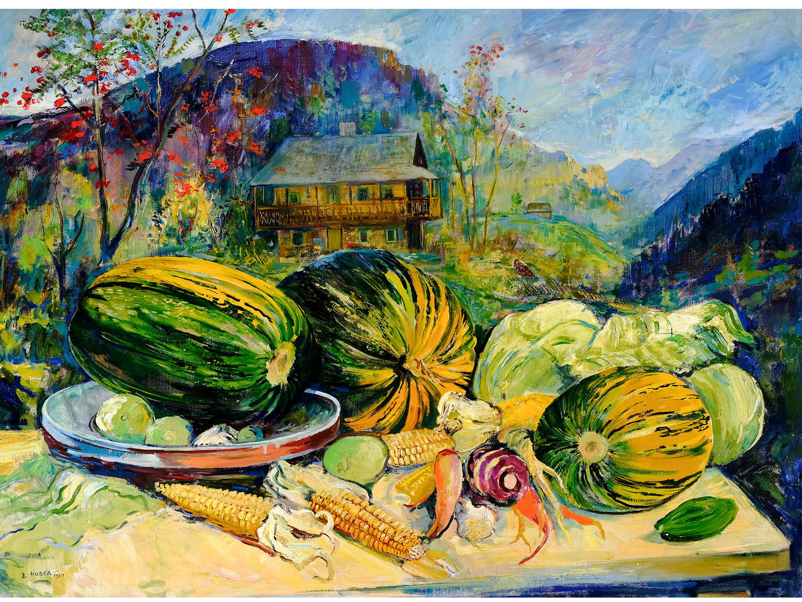 Ernst Huber, Vienna 1895 - 1960 Vienna: Ernst HuberVienna 1895 - 1960 ViennaPumpkin still lifeOil on canvas100 x 130 cm, framed 113 x 145 cmsigned and dated 1931 lower leftProvenance: Austrian Belvedere GalleryInventory label on the reverse