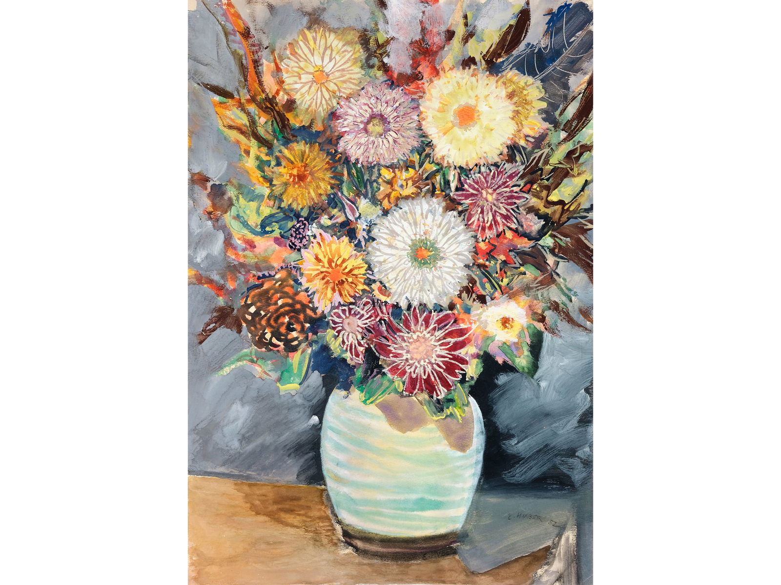 Ernst Huber, Vienna 1895 - 1960 Vienna: Ernst HuberVienna 1895 - 1960 Vienna Still life of flowers in a Gmunden vase55.5 x 40 cmmixed media on papersigned and dated 1952 on lower right
