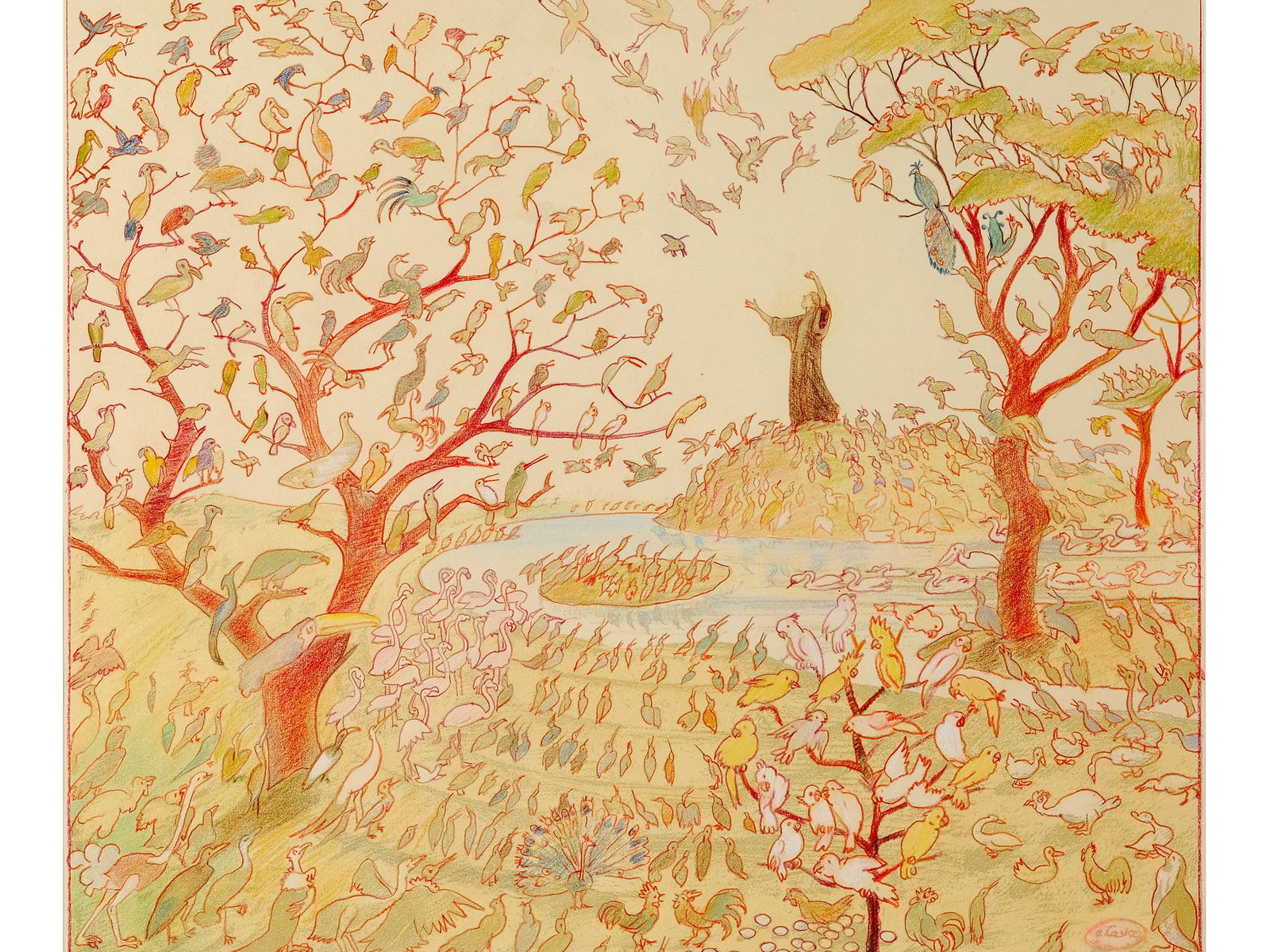 Oskar Laske, Czernowitz 1874 - 1951 Vienna: Oskar LaskeCzernowitz 1874 - 1951 Vienna The Bird SermonHand-colored lithograph on paper37 x 43 cm, framed 56.5 x 62 cmsigned on lower right