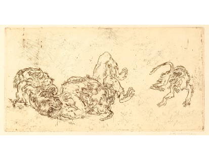 Ludwig Heinrich Jungnickel, Wunsiedel 1881 - 1965 Vienna: Ludwig Heinrich JungnickelWunsiedel 1881 - 1965 Vienna Playing monkeysEtching on paper15 x 27 cm, framed 36.5 x 47.5 cmsigned on lower right