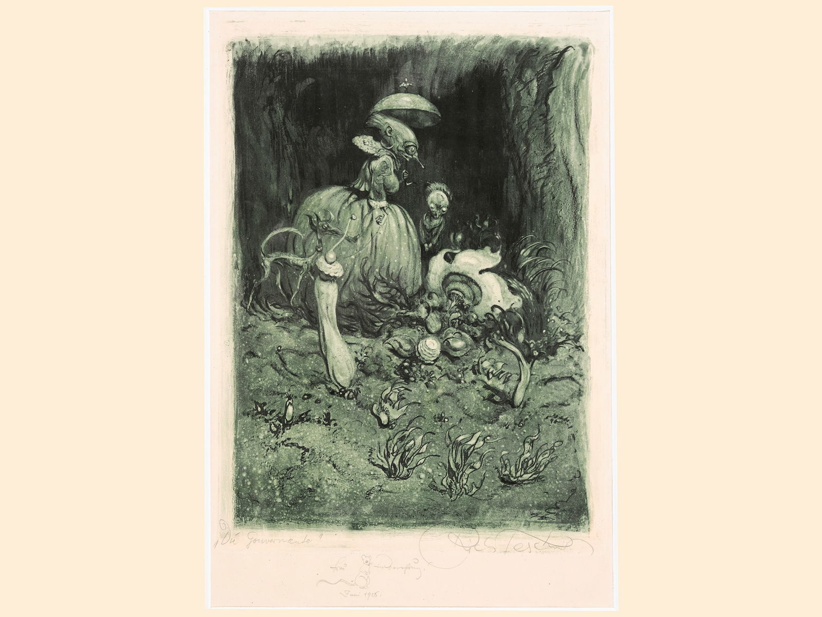 Richard Teschner, Carlsbad 1879 - 1948 Vienna: Richard TeschnerCarlsbad 1879 - 1948 Vienna The governessLithograph27 x 21 cmsigned on lower rightInscribed lower leftDedication centerProvenance: Dr. Hans Ankwicz-Kleehoven, art historian and art col