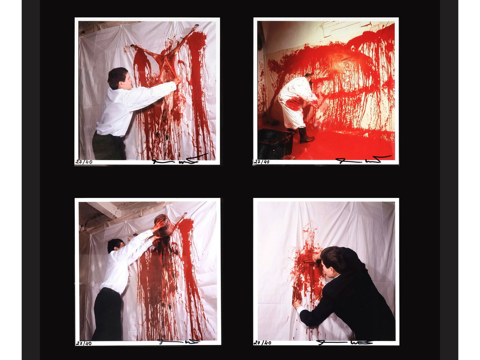 Hermann Nitsch, Vienna 1938 - 2022 Mistelbach: Hermann NitschVienna 1938 - 2022 MistelbachMixed lot of 4 photographs Orgies Mysteries TheaterEach 18 x 17.5 cm, framed 53.5 x 53 cmEach numbered 27/40 and signed on lower right