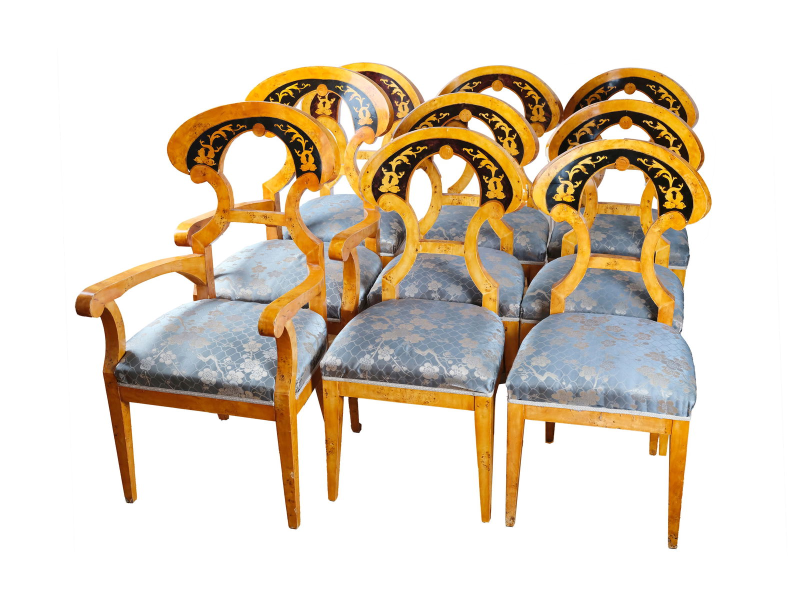 Seating set, 20th century Empire style, with ink painting: 1 setteeIn the style of the late Empire20th centuryConsisting of:2 armchairs: Height 106 cm, width 55 cm, depth 56 cm7 armchairs: Height 99 cm, width 48 cm, depth 45 cmBurl wood veneered on softwoodDe