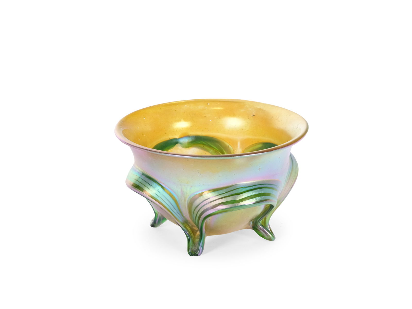 Johann Loetz Witwe, glass bowl with leaves: Johann Loetz WitweGlass bowl around 1900/1905Iridescent silver with leavesHeight 10.5 cm, diameter 17 cmOne foot chipped