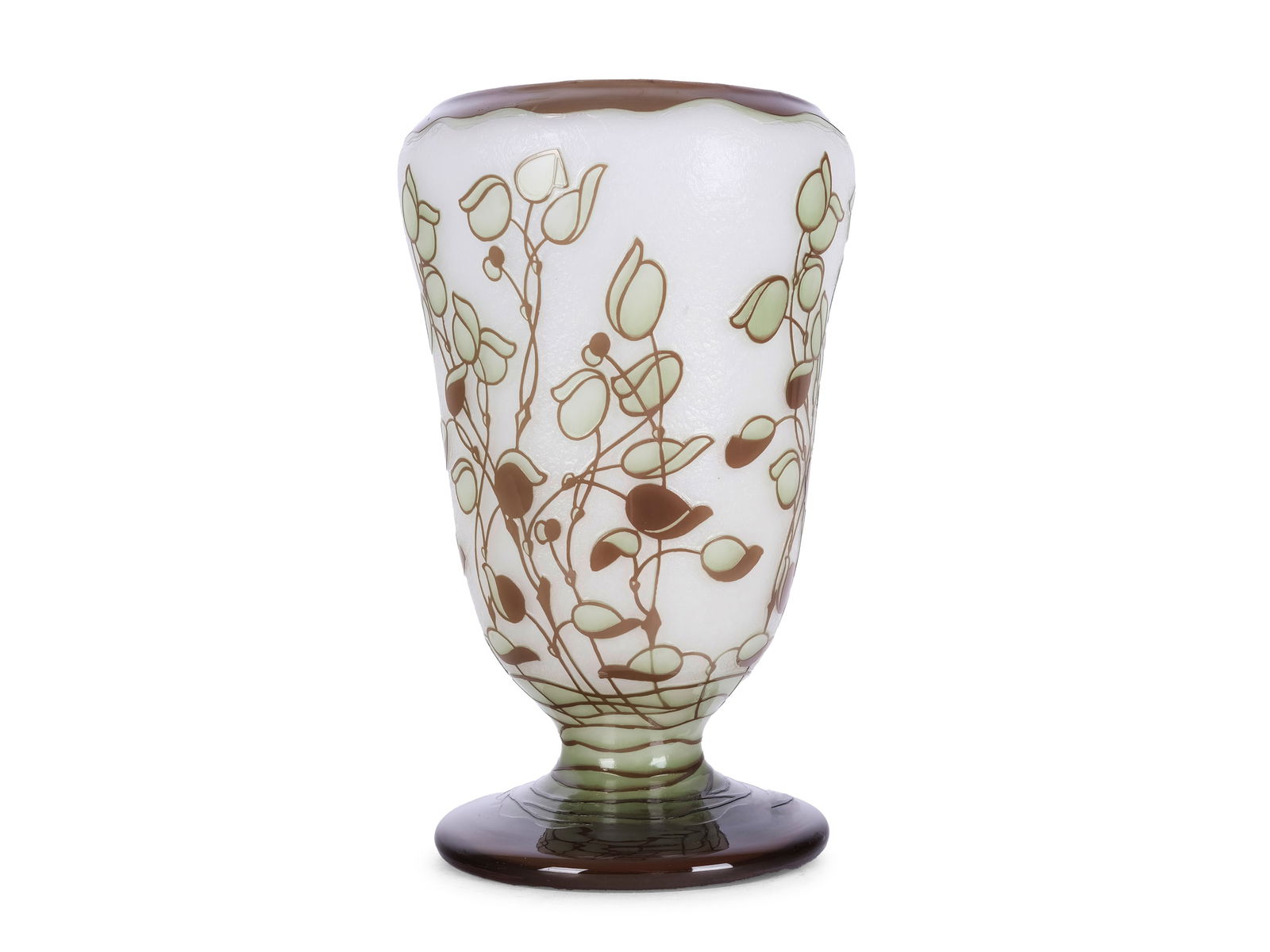 Johann Loetz Witwe: Johann Loetz WitweLarge footed vase around 1930Colorless glass with opaline underlay, light green and brown overlay,highly etched leaf decoration, polishedEtched signature on the wallHeight 28 cm