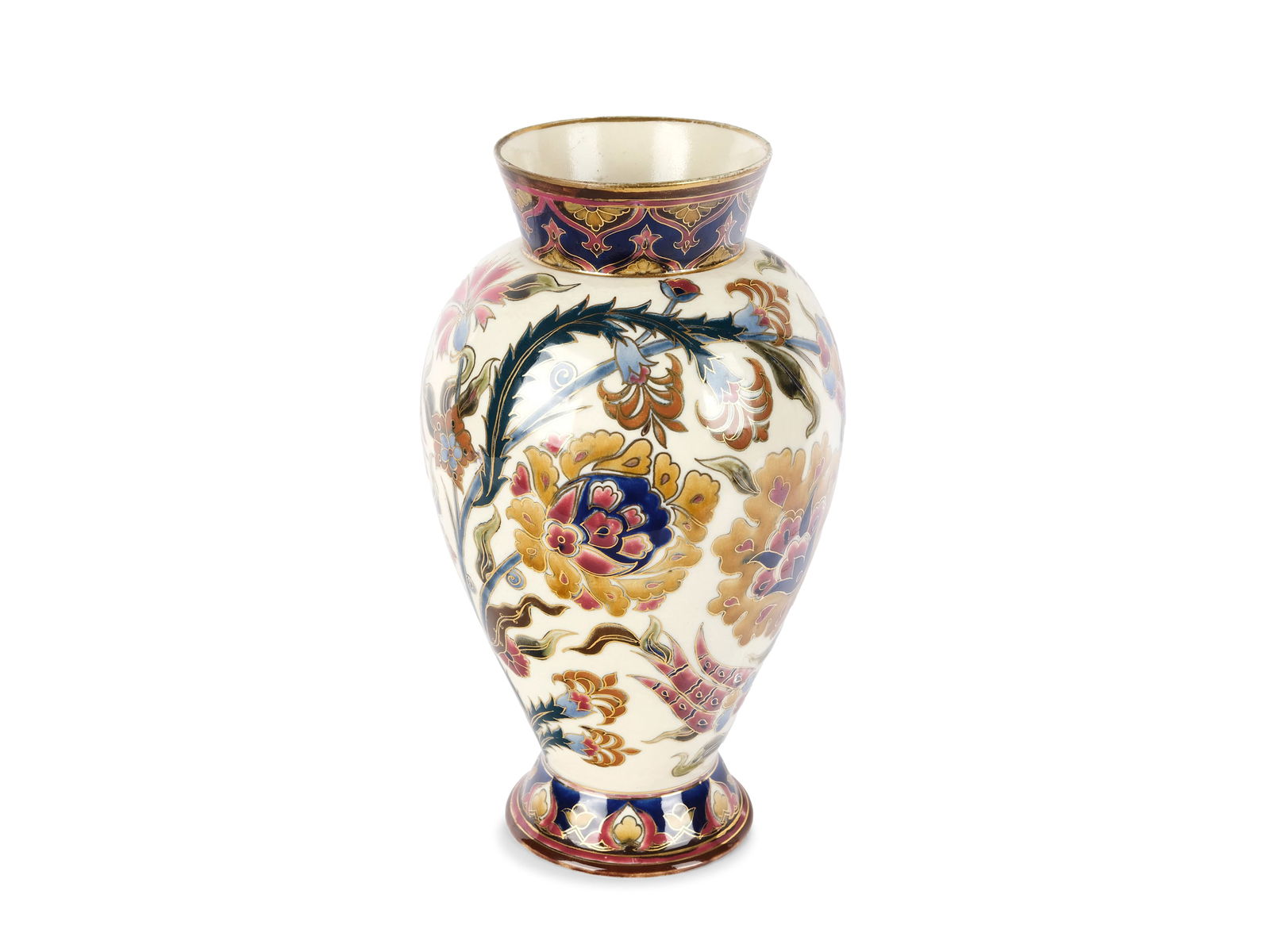 Zsolnay/Pecs, Hungary around 1880/90: Zsolnay/Pecs, Hungary around 1880/90VaseFaience, colorfully painted and glazedunderglaze blue five-church mark with T. J. M.Height 31 cm, diameter 15.5 cmMinimal professional restoration to the basePr