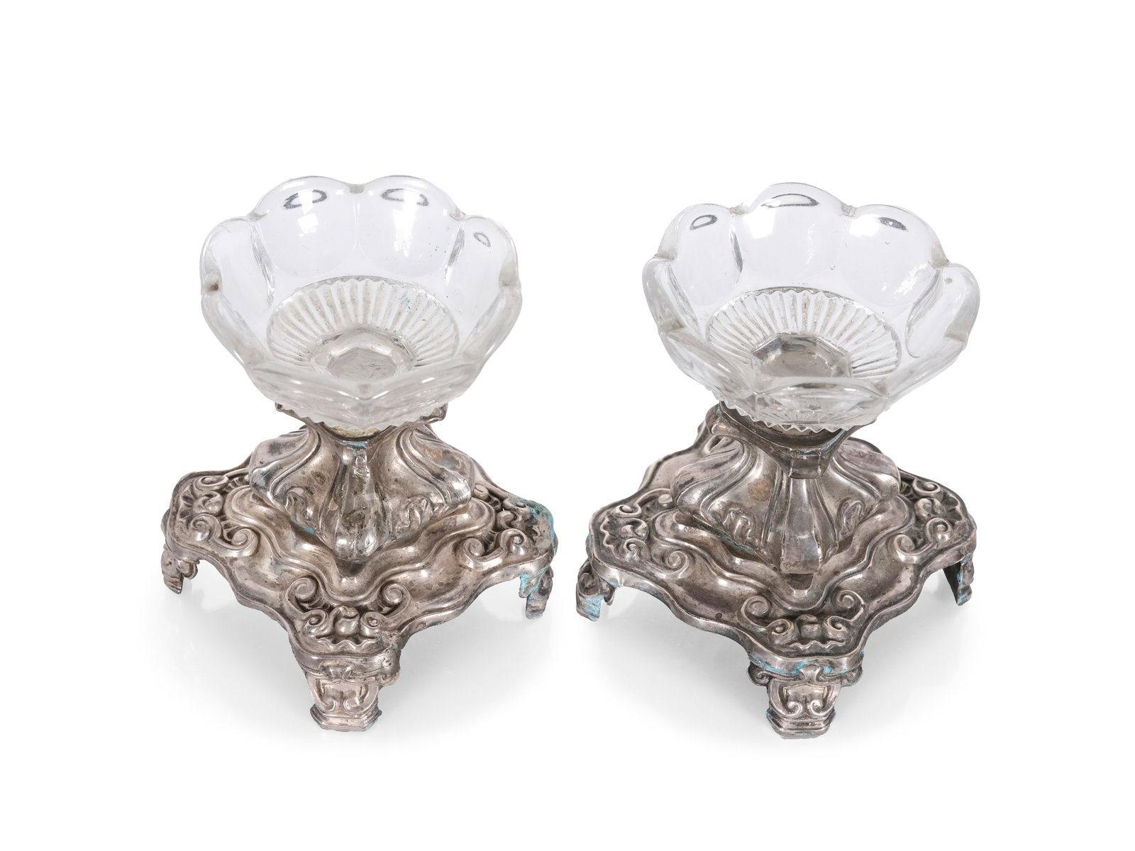 Pair of condiment holders, silver marked with glass insert (1 of 2)