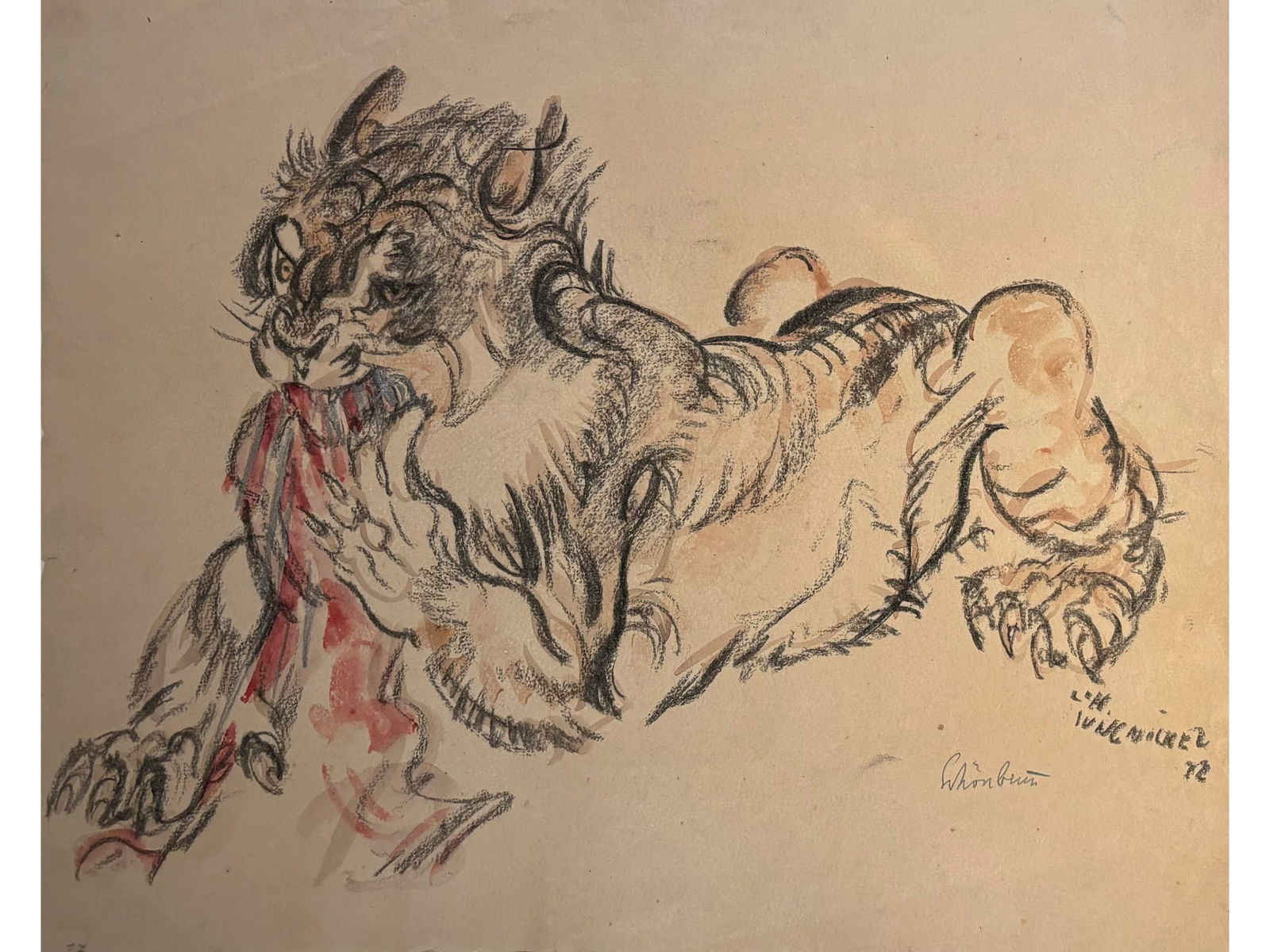 Ludwig Heinrich Jungnickel, Wunsiedel 1881 - 1965 Vienna: Ludwig Heinrich Jungnickel Wunsiedel 1881 - 1965 Vienna Tiger in Schönbrunn Charcoal and watercolor on paper 36 x 45 cm signed, titled and dated (19)22 Ludwig Heinrich Jun