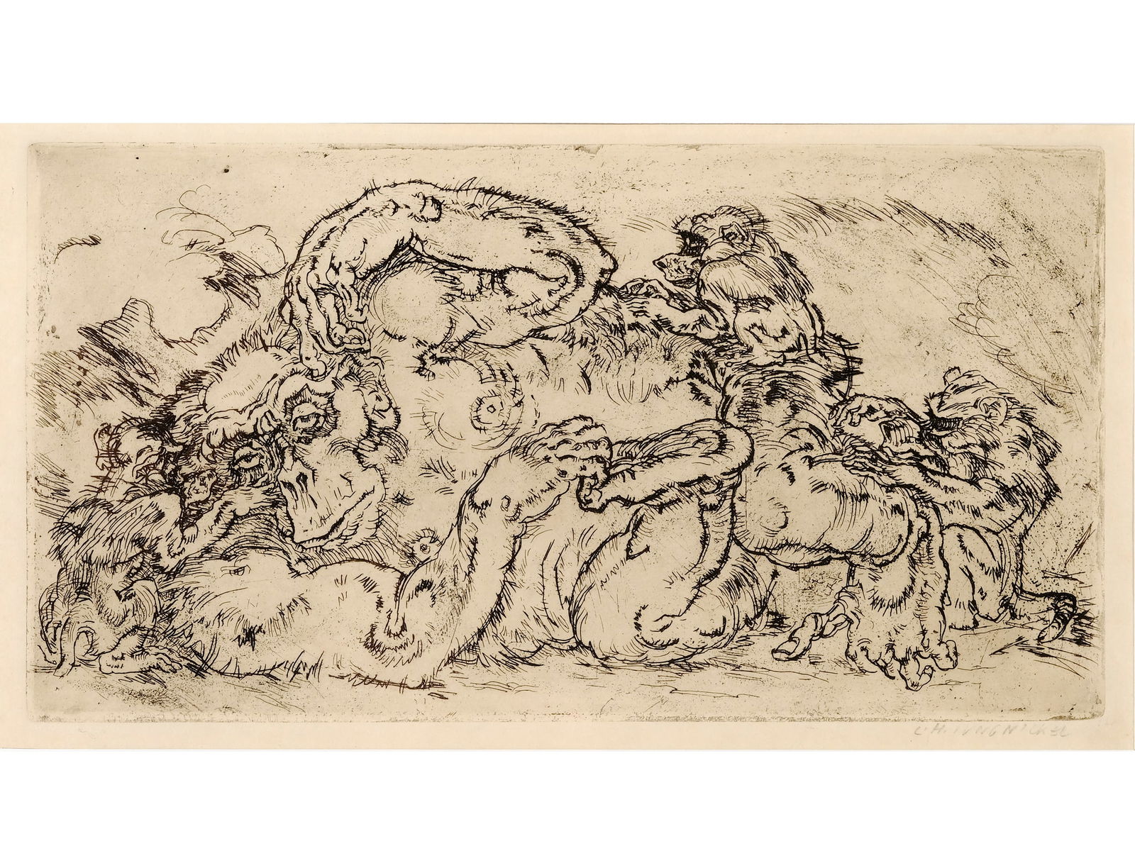 Ludwig Heinrich Jungnickel, Wunsiedel 1881 - 1965 Vienna: Ludwig Heinrich Jungnickel Wunsiedel 1881 - 1965 Vienna The Mother Monkey Lithograph on paper 14.5 x 27.5 cm, framed 36.5 x 47.5 cm signed on lower right Ludwig Heinrich Jungnickel