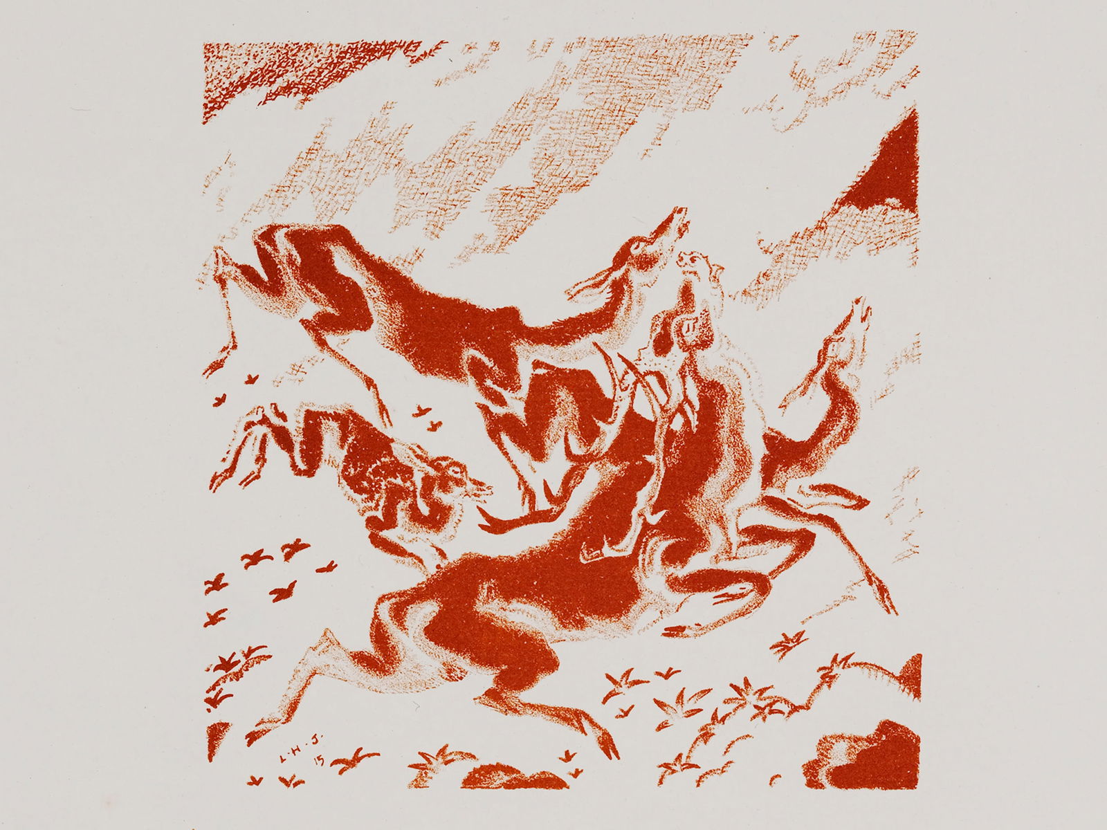 Ludwig Heinrich Jungnickel, Wunsiedel 1881 - 1965 Vienna: Ludwig Heinrich Jungnickel Wunsiedel 1881 - 1965 Vienna Deer on the run Lithograph on paper 15 x 14 cm monogrammed and inscribed in the plate lower right Ludwig Heinrich Jungnickel